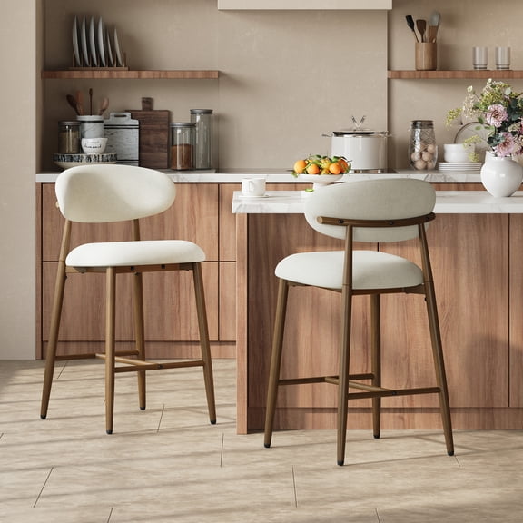 AFO Upholstered Counter Height Bar Stools Set of 2, Kitchen Bar Stools With Ergonomic Curved Back & Footrest, Modern Counter Chairs for Kitchen Island Dining Room, Beige