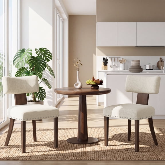 AFO Upholstered Dining Chairs Set of 2, Mid-Century Modern Kitchen Desk Side Chairs with Ergonomic Curved Back & Solid Wood Legs, For Dining Room Living Room Cafe, Beige