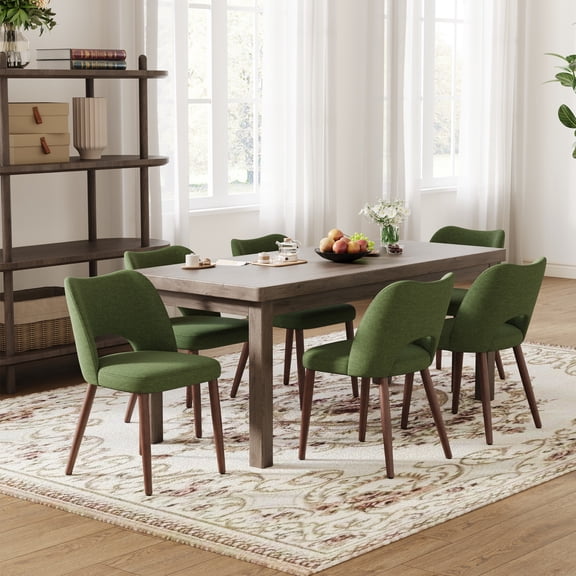 AFO Upholstered Fabric Dining Chairs Set of 6, Ergonomic Curved Kitchen Side Chairs with Solid Wood Legs, For Dining Room, Living Room, Cafe & Kitchen, Green