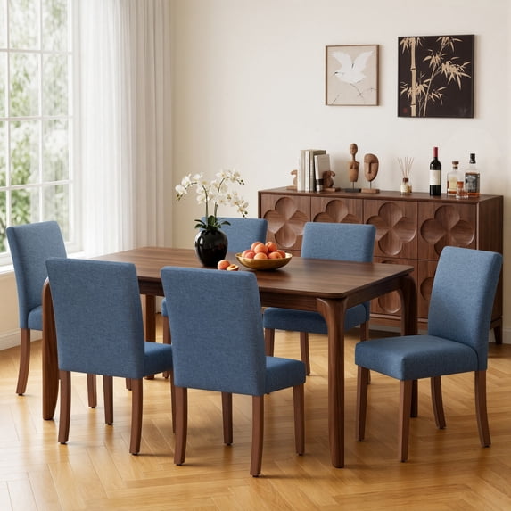AFO Upholstered Dining Chairs Set of 6, Modern Parsons Dining Chairs with Solid Wood Legs & High Back Padded, Fabric Kitchen Side Chairs For Dining Room, Cafe & Kitchen, Blue