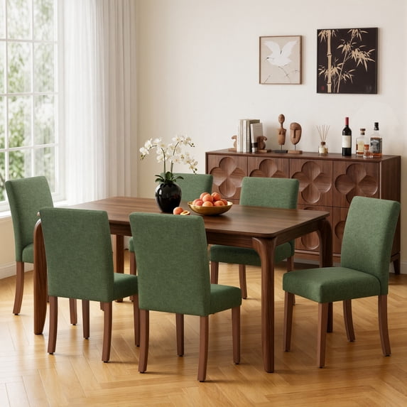 AFO Upholstered Dining Chairs Set of 6, Modern Parsons Dining Chairs with Solid Wood Legs & High Back Padded, Fabric Kitchen Side Chairs For Dining Room, Cafe & Kitchen, Green