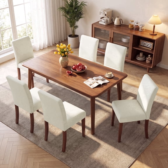 AFO Upholstered Dining Chairs Set of 6 with Solid Wood Legs, Modern Fabric Kitchen Side Chairs with High Back Padded & High-Density Foam Cushion, For Dining Room, Cafe & Kitchen, Off-white