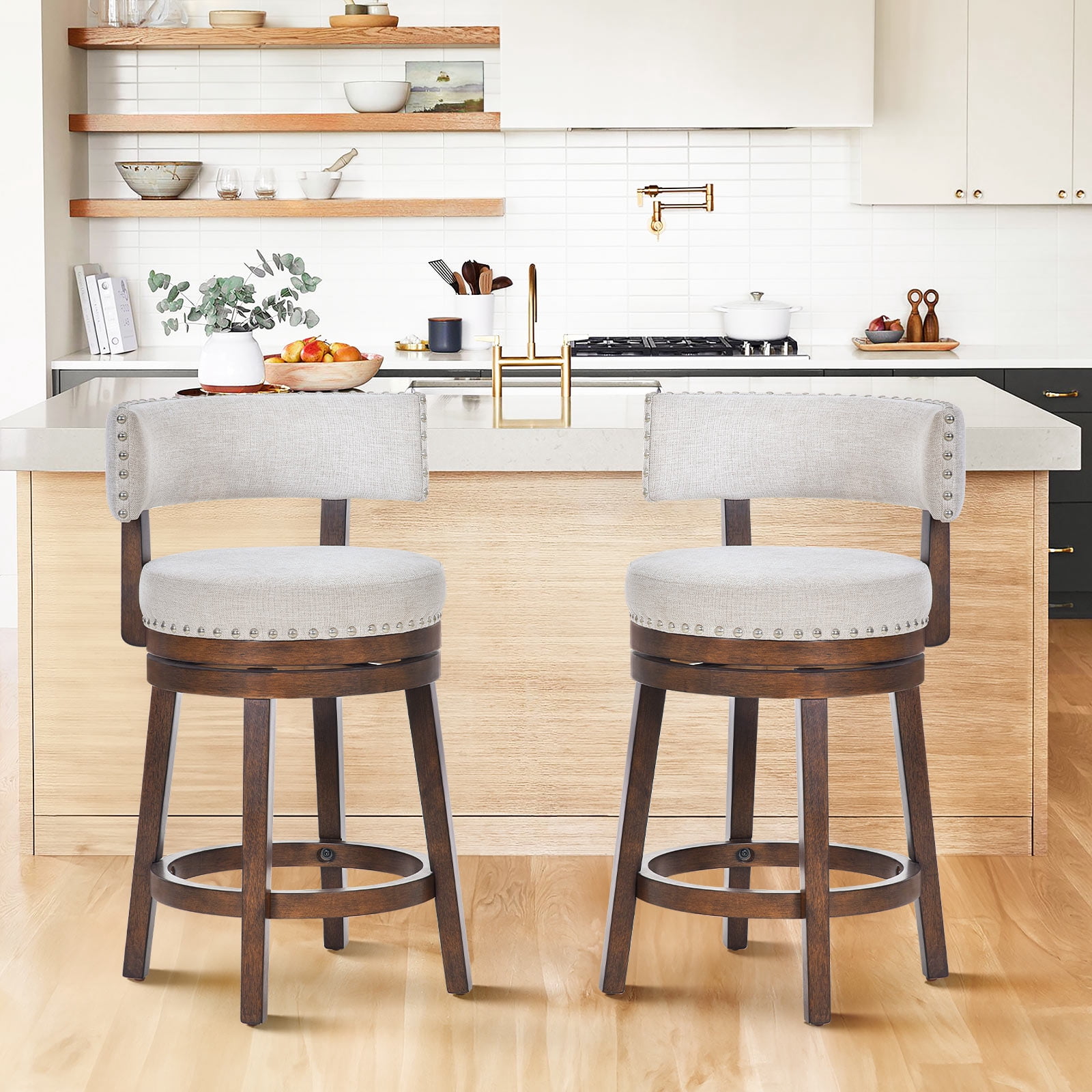 AFO Upholstered Swivel Bar Stool Set of 2 with Back - 24 Inch Counter Height Chair for Kitchen Island, Beige