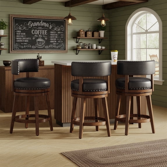 AFO Upholstered Swivel Bar Stool Set of 3 with Back - 24 Inch Counter Height Chair for Kitchen Island, Dark Brown