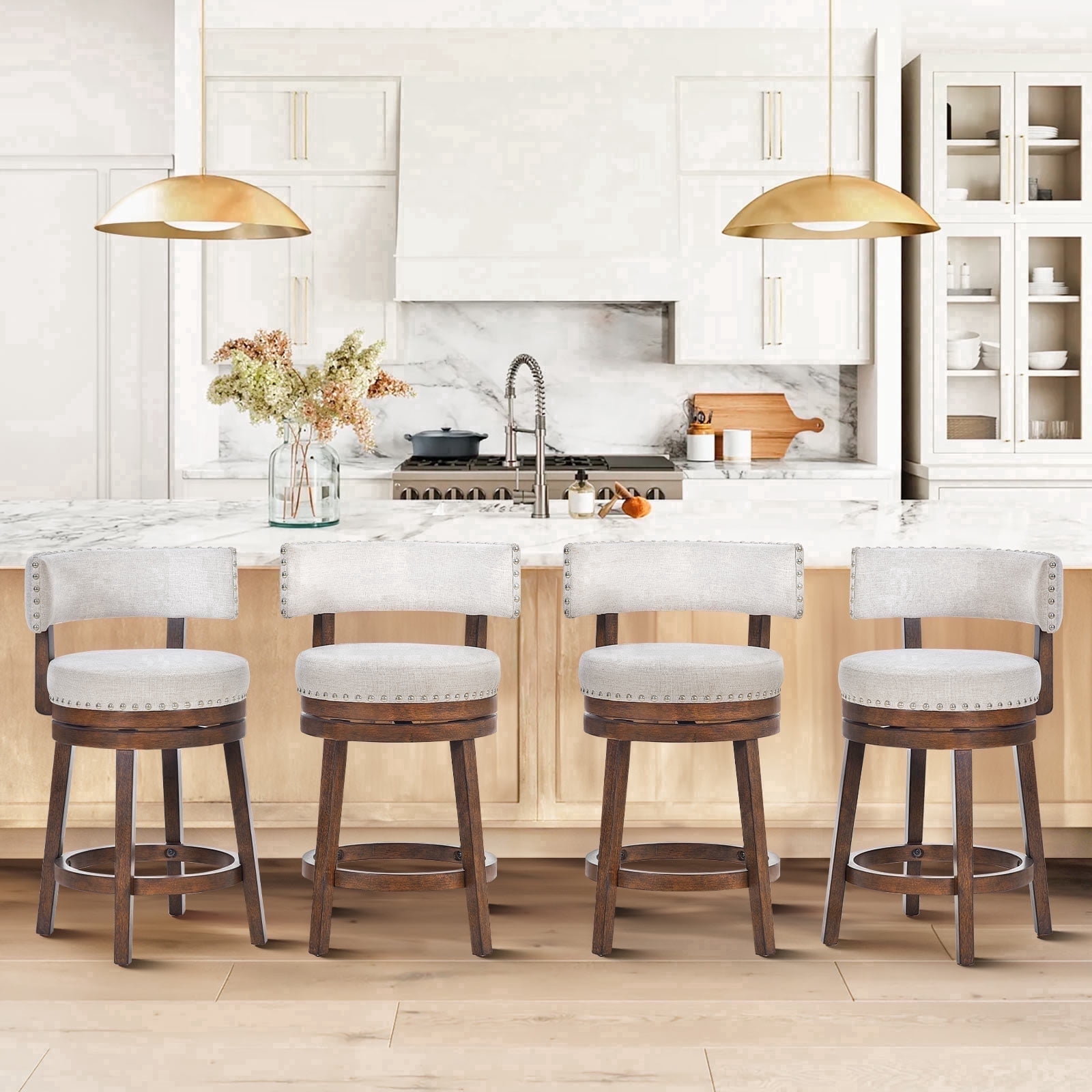 AFO Upholstered Swivel Bar Stool Set of 4 with Back - 24 Inch Counter Height Chair for Kitchen Island, Beige