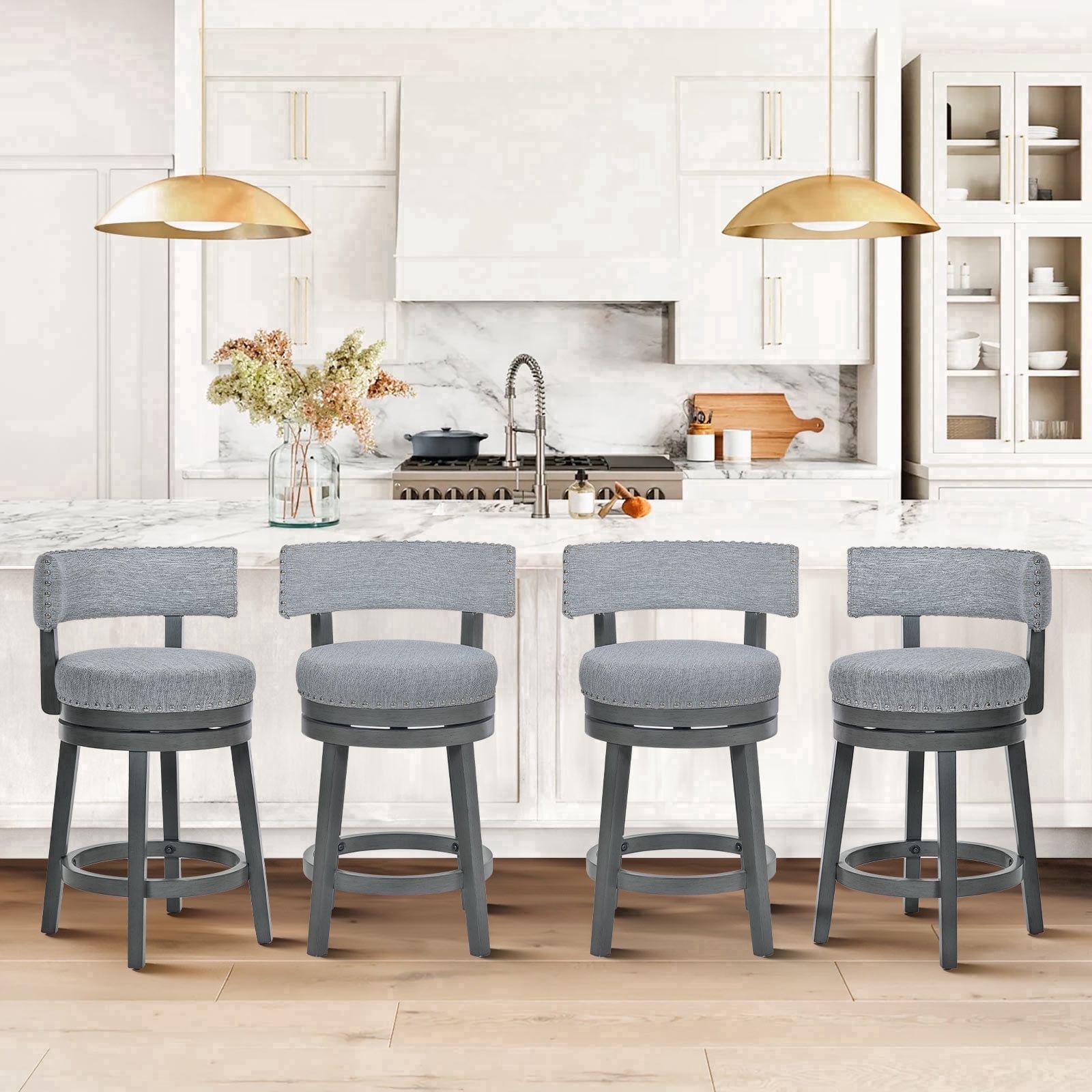 AFO Upholstered Swivel Bar Stool Set of 4 with Back - 24 Inch Counter Height Chair for Kitchen Island, Grey