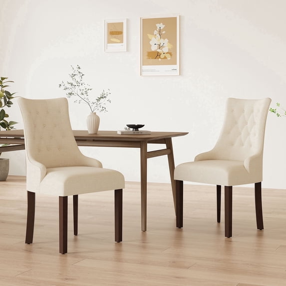AFO Wing Back Dining Chairs Set of 2, Button Tufted Fabric Kitchen Chairs with Solid Rubberwood Legs, Upholstered High Back Side Chair, Beige