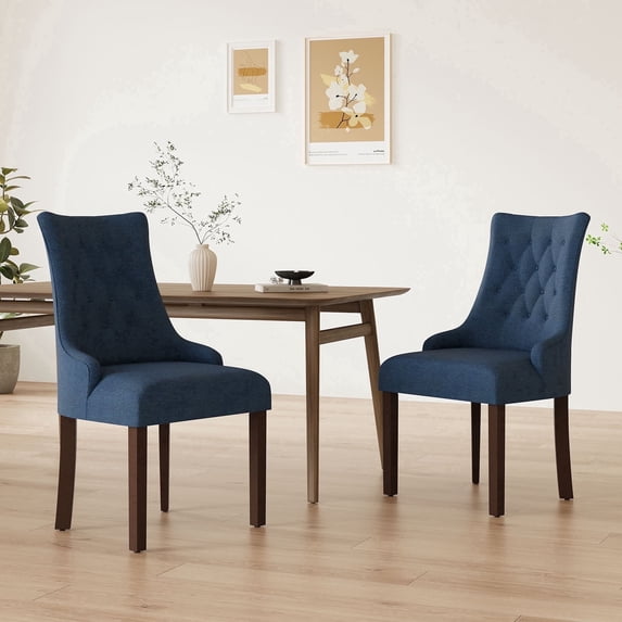 AFO Wing Back Dining Chairs Set of 2, Button Tufted Fabric Kitchen Chairs with Solid Rubberwood Legs, Upholstered High Back Side Chair, Blue