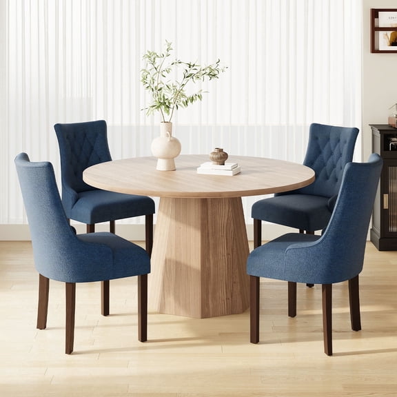 AFO Wing Back Dining Chairs Set of 4, Button Tufted Fabric Kitchen Chairs with Solid Rubberwood Legs, Upholstered High Back Side Chair, Blue