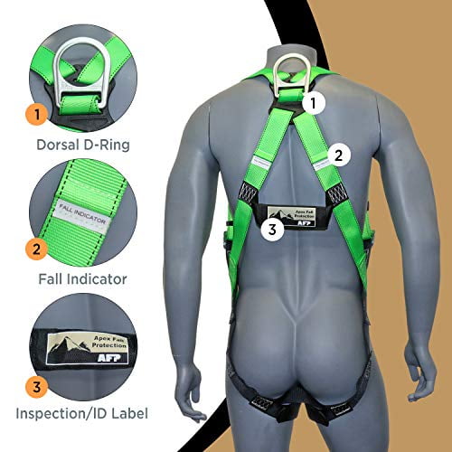 AFP Universal Full-Body Fall Protection Safety Harness with Dorsal D-Ring and Mating Buckle Legs | Roofer, Construction, Scaffolding PPE | High-Visibility Green | Shock Absorbing L