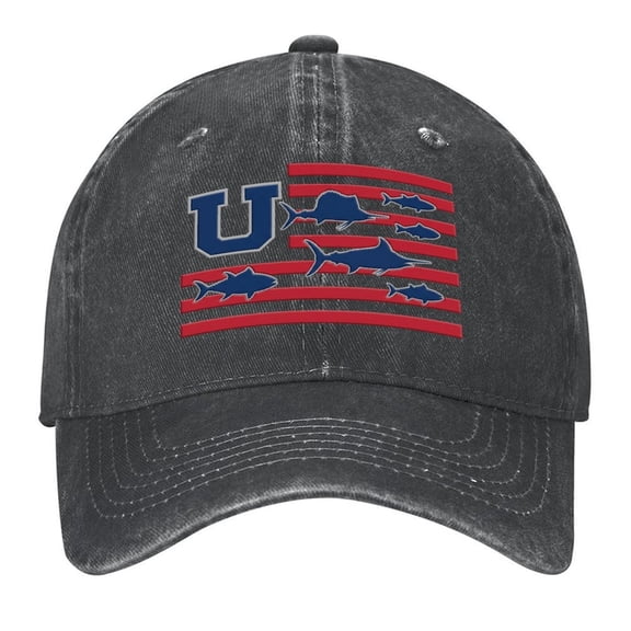 Washed Cotton Baseball Caps for Men Women, Breathable Retro Adjustable Dad Hats with Crown for Running, Outdoor, Daily Casual Wear, Black-Fishing Flag