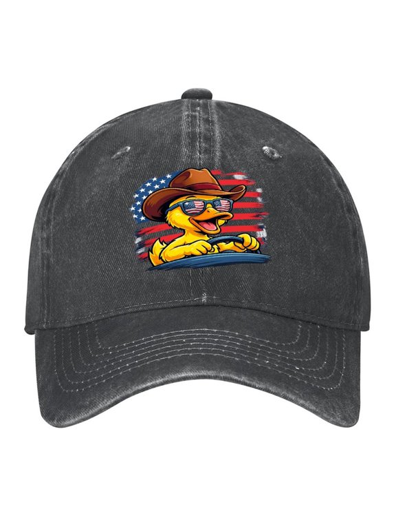 Washed Cotton Baseball Caps for Men Women, Breathable Retro Adjustable Dad Hats with Crown for Running, Outdoor, Daily Casual Wear, Black-Patriot Duck