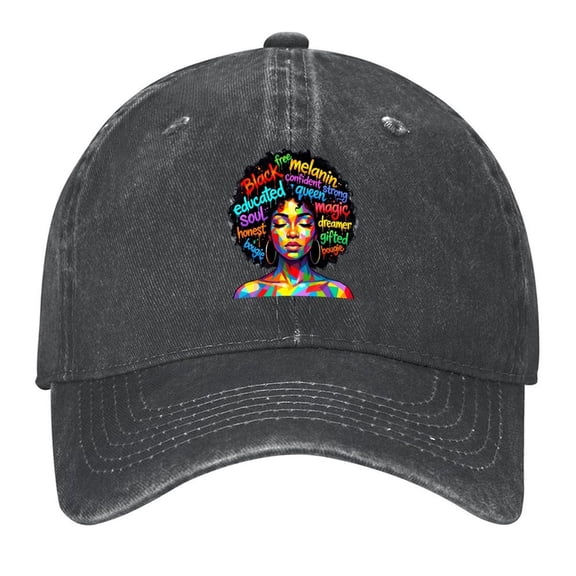 Washed Cotton Baseball Caps for Men Women, Breathable Retro Adjustable Dad Hats with Crown for Running, Outdoor, Daily Casual Wear, Black-Melanin Queen