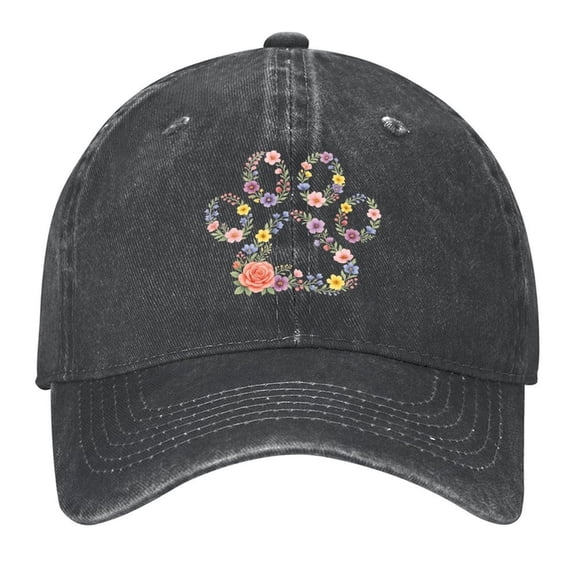 Floral Paw Baseball Cap,Adjustable Denim Hat for Women Men Teachers Mom,Black