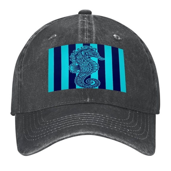 Washed Cotton Baseball Caps for Men Women, Breathable Retro Adjustable Dad Hats with Crown for Running, Outdoor, Daily Casual Wear, Black-Seahorse