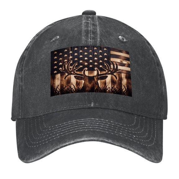 Washed Cotton Baseball Caps for Men Women, Breathable Retro Adjustable Dad Hats with Crown for Running, Outdoor, Daily Casual Wear, Black-Deer Flag