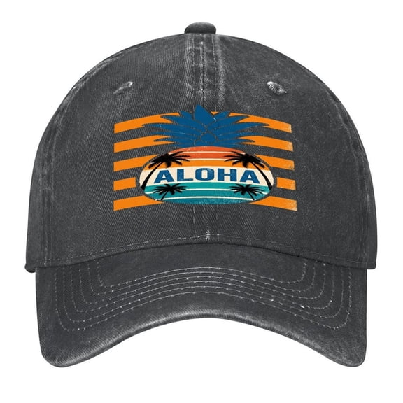 Washed Cotton Baseball Caps for Men Women, Breathable Retro Adjustable Dad Hats with Crown for Running, Outdoor, Daily Casual Wear, Black-Aloha Vibes
