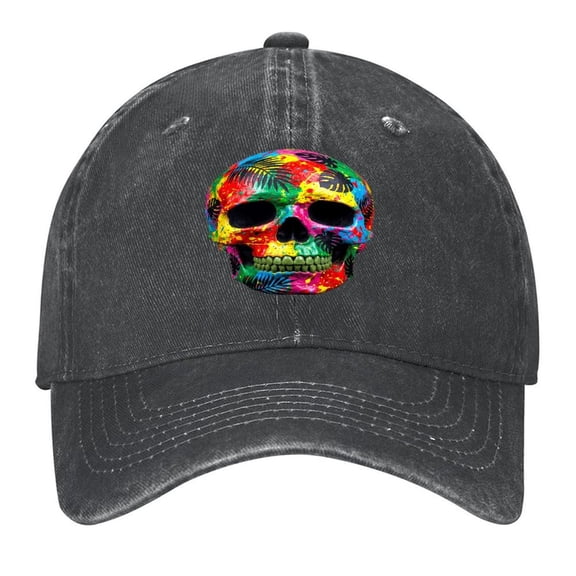 Washed Cotton Baseball Caps for Men Women, Breathable Retro Adjustable Dad Hats with Crown for Running, Outdoor, Daily Casual Wear, Black-Color Skull