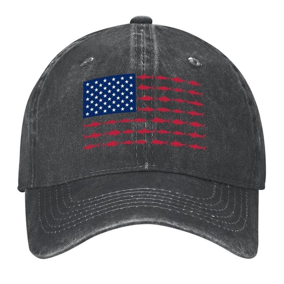 Washed Cotton Baseball Caps for Men Women, Breathable Retro Adjustable Dad Hats with Crown for Running, Outdoor, Daily Casual Wear, Black-Fish Flag