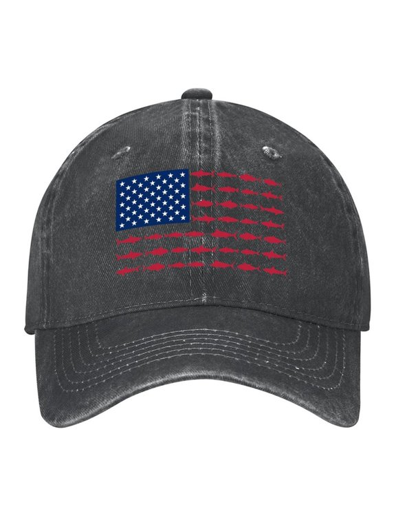 Washed Cotton Baseball Caps for Men Women, Breathable Retro Adjustable Dad Hats with Crown for Running, Outdoor, Daily Casual Wear, Black-Fish Flag