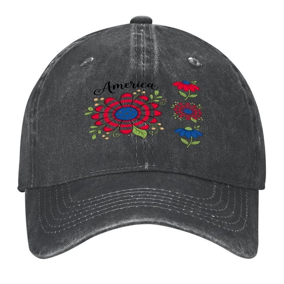Washed Cotton Baseball Caps for Men Women, Breathable Retro Adjustable Dad Hats with Crown for Running, Outdoor, Daily Casual Wear, Black-America Bloom