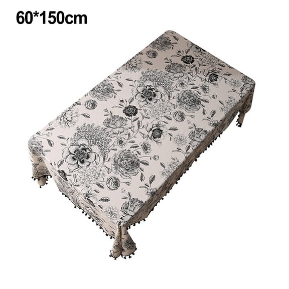 AFQH Cotton Linen Tablecloth Peony Tassel Print Bohemian Style Kitchen Tablecloth
