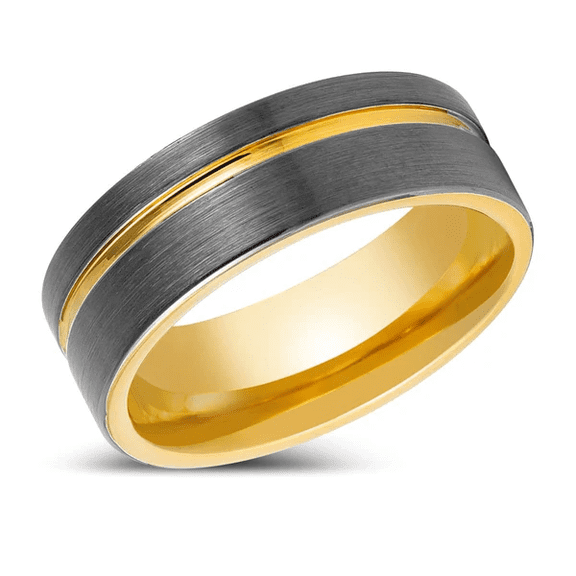 AFRIDI | Gun Metal Tungsten Ring, Gold Inside, Offset Gold Groove, Flat