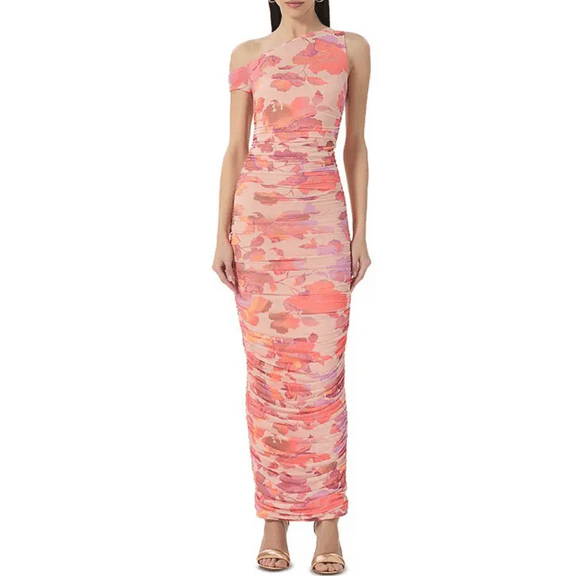 AFRM NUDE MARBLE Women's Biona Asymmetric Neck Ruched Dress, US Small