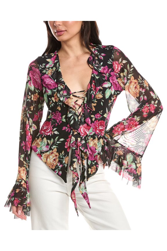 womens Cadence Ruffle Front Lace-Up Top, XXS