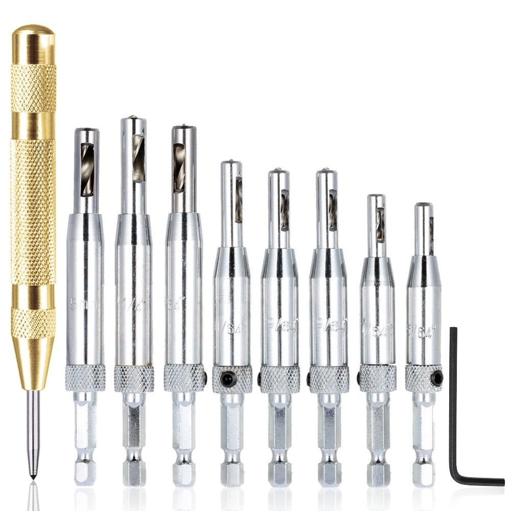 AFUNTA 8 Pcs Center Drill Bit Sets with Automatic Center Punch , Self Centering Hinge Tapper Core Hole Puncher Woodworking Tools for Cabinet Door 5/64'' 7/64'' 9/64'' 11/64'' 13/64'' 5mm 1/4''