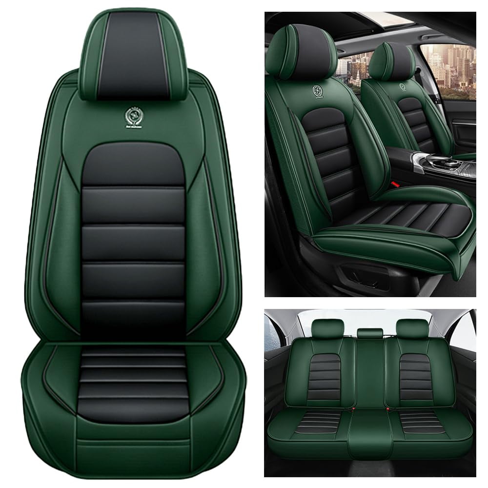 AFUNTIO Leather 5 Seat Covers for Chevy 99% Models,Car Seat Cushions Full Set,Waterproof Car Sit Protectors,Nonslip Interior Accessories(Black and Green)