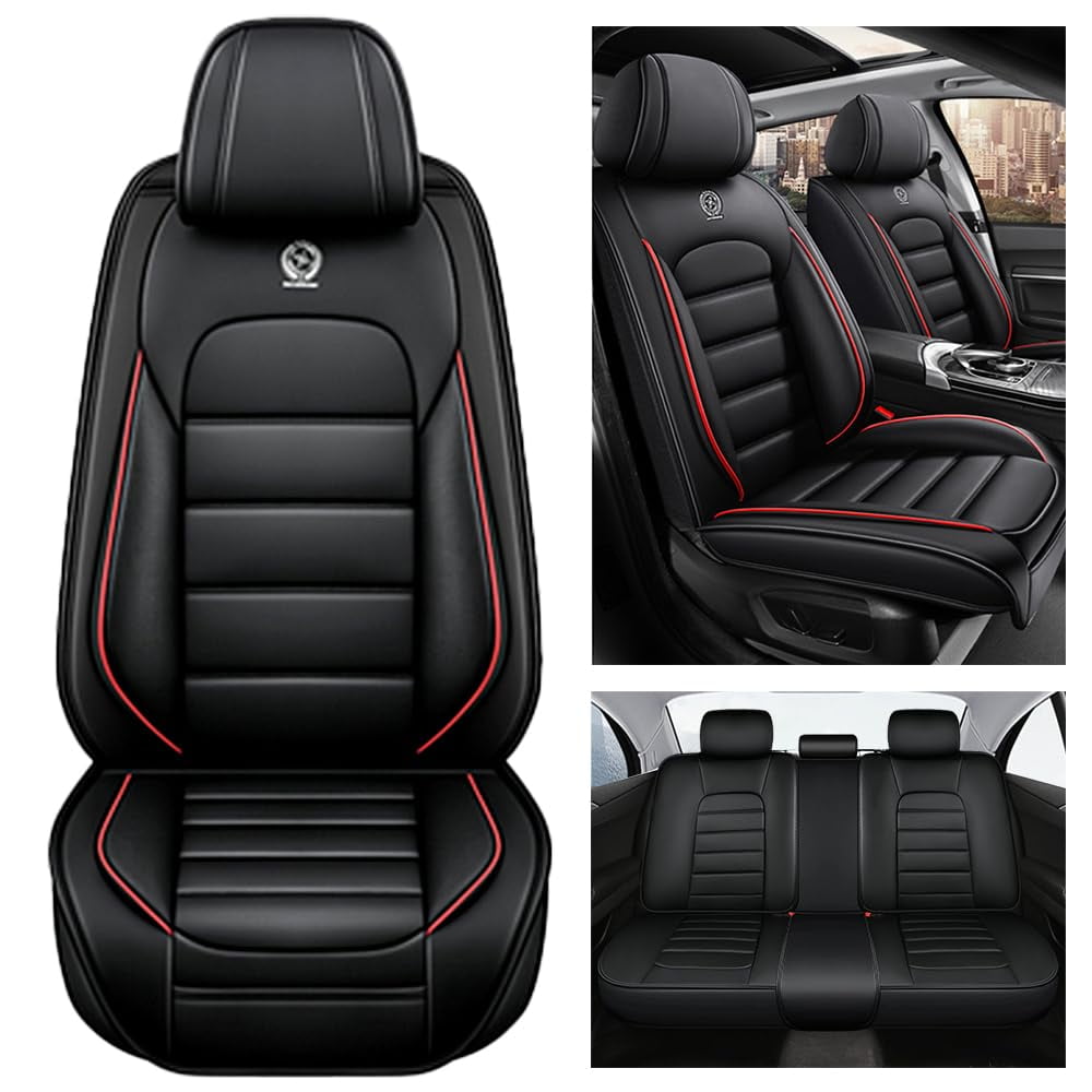 AFUNTIO Leather 5 Seat Covers for Chevy 99% Models,Car Seat Cushions Full Set,Waterproof Car Sit Protectors,Nonslip Interior Accessories(Black and Red)