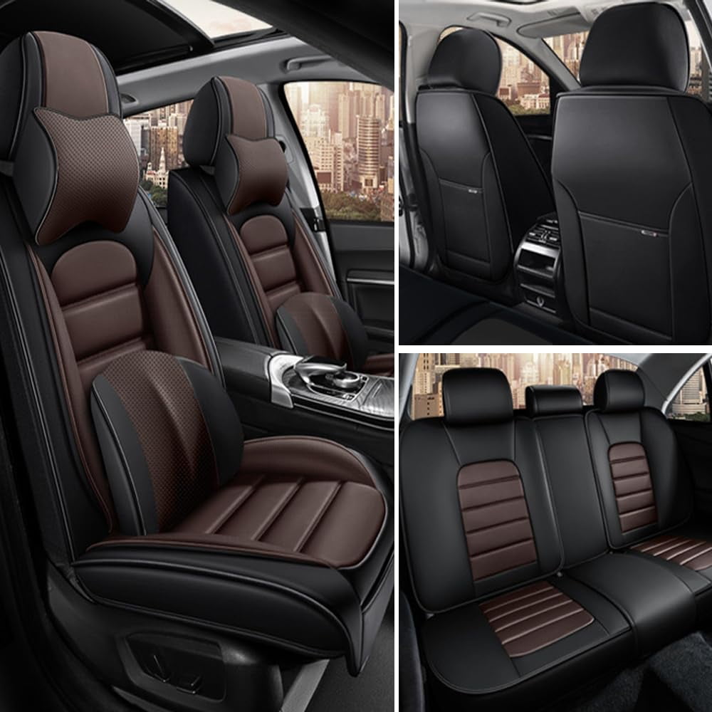 AFUNTIO Leather 5 Seat Covers for Ford 99% Models,Luxury Car Seat Cushions Full Set,Waterproof Car Sit Protectors,Nonslip Interior Accessories(Black and Coffee)