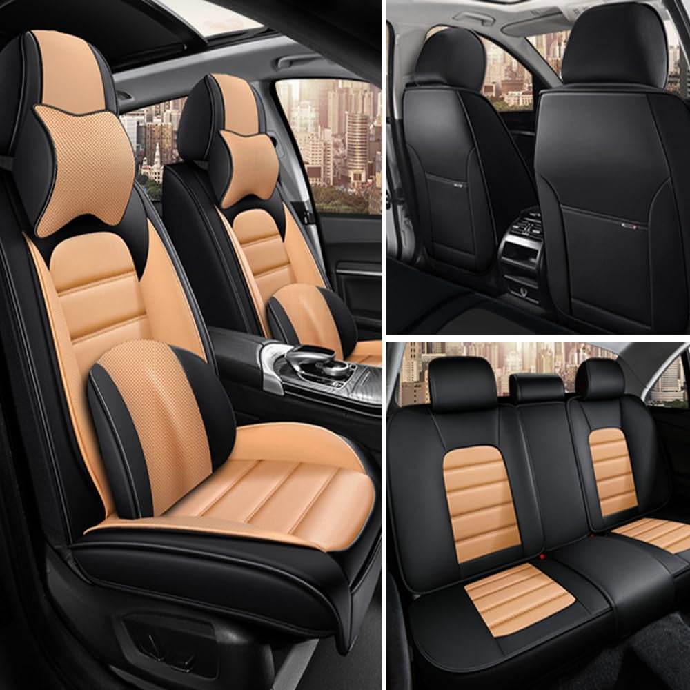AFUNTIO Leather 5 Seat Covers for Ford 99% Models,Luxury Car Seat Cushions Full Set,Waterproof Car Sit Protectors,Nonslip Interior Accessories(Black and Orange)
