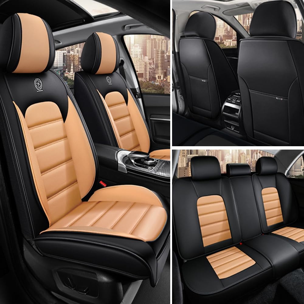 AFUNTIO Leather 5 Seat Covers for Nissan 99% Models,Car Seat Cushions Full Set,Waterproof Car Sit Protectors,Nonslip Interior Accessories(Black and Orange)