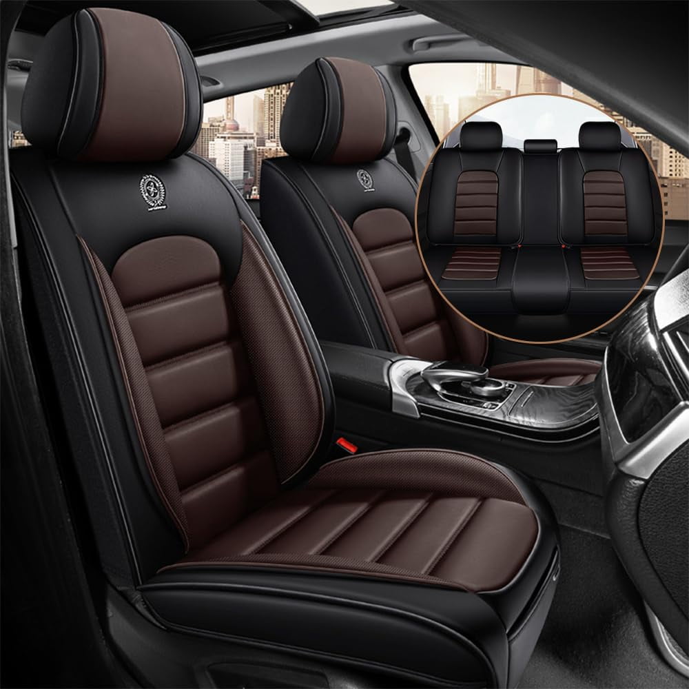 AFUNTIO Leather 5 Seat Covers for Toyota 99% Models,Car Seat Cushions Full Set,Waterproof Car Sit Protectors,Nonslip Interior Accessories(Black and Coffee)
