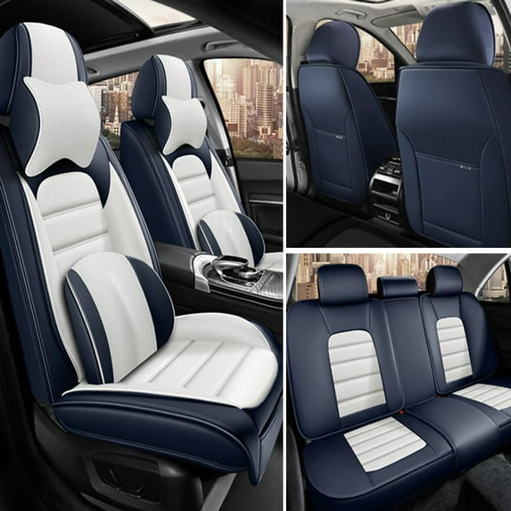 AFUNTIO Leather 5 Seat Covers for Volvo 99% Models,Luxury Car Seat Cushions Full Set,Waterproof Seat Cover for Cars,Nonslip Interior Accessories(Blue and White)