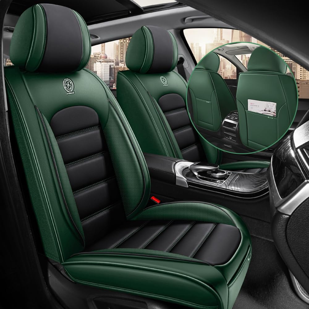 AFUNTIO Seat Covers for Ford 99% Models,2PCS Leather Car Seat Cushions,Waterproof Car Sit Protectors,Nonslip Interior Accessories(Black and Green)