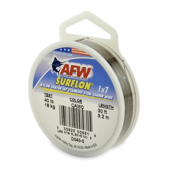 AFW Surflon, Nylon Coated 1x7 Stainless Steel Fishing Leader Wire, 40 lb / 18.1 kg Test, Camo