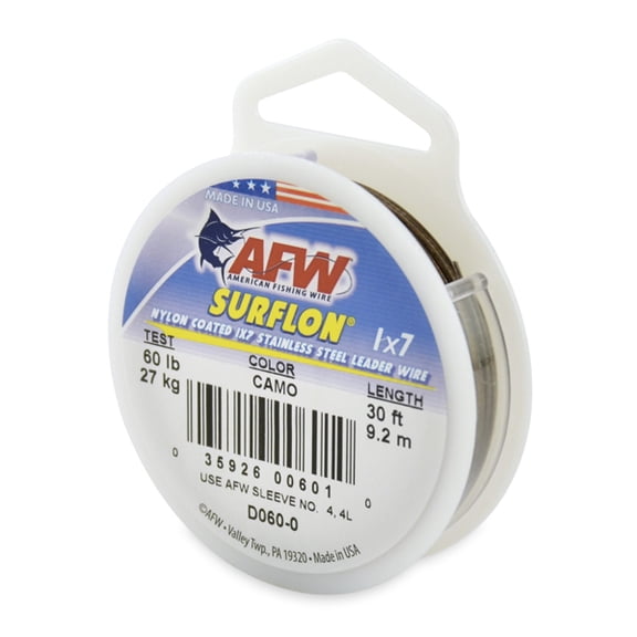AFW Surflon, Nylon Coated 1x7 Stainless Steel Fishing Leader Wire, 60 lb / 27 kg Test, Camo