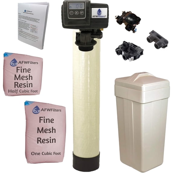 AFWFilters 1.5 Cubic Foot 48k Whole Home Iron Pro Water Softener with Fine Mesh Resin, 1" Plastic MNPT Connection, and Almond Tanks