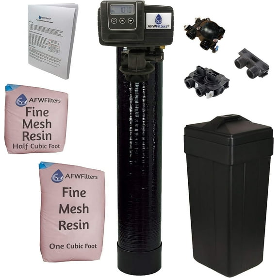 AFWFilters 1.5 Cubic Foot 48k Whole Home Iron Pro Water Softener with Fine Mesh Resin,1" Plastic MNPT Connection, and Black Tanks