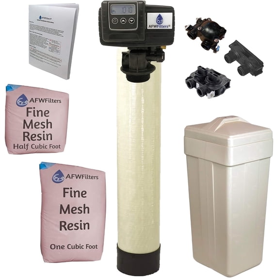 AFWFilters 1.5 Cubic Foot 48k Whole Home Iron Pro Water Softener with Fine Mesh Resin, 3/4" Plastic MNPT Connection, and Almond Tanks