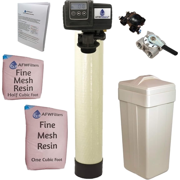 AFWFilters 1.5 Cubic Foot 48k Whole Home Iron Pro Water Softener with Fine Mesh Resin, 3/4" Stainless Steel FNPT Connection, and Almond Tanks