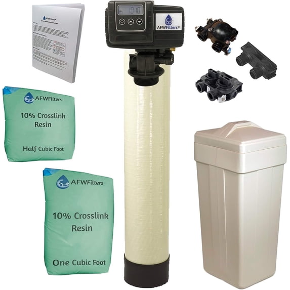 AFWFilters 1.5 Cubic Foot 48k Whole Home Water Softener with Durable 10% Crosslink Resin, 3/4" Plastic MNPT Connection, and Almond Tanks
