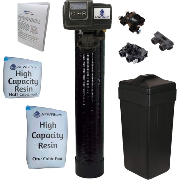 AFWFilters 1.5 Cubic Foot 48k Whole Home Water Softener with High Capacity Resin, 1" Plastic MNPT Connection, and Black Tanks