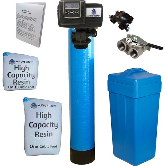 AFWFilters 1.5 Cubic Foot 48k Whole Home Water Softener with High Capacity Resin, 1" Stainless Steel FNPT Connection, and Blue Tanks