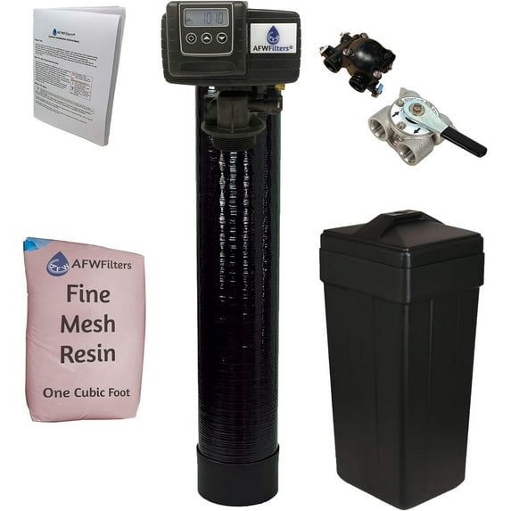 AFWFilters 1 Cubic Foot 32k Whole Home Iron Pro Water Softener with Fine Mesh Resin, 3/4" Stainless Steel FNPT Connection, and Black Tanks