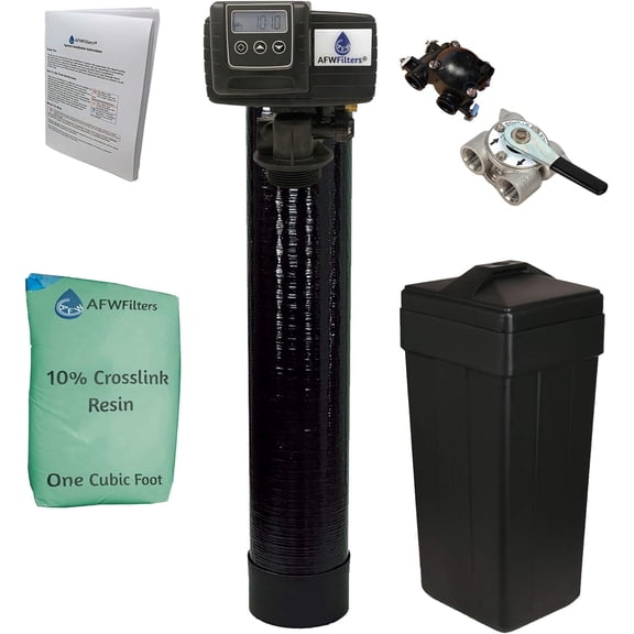 AFWFilters 1 Cubic Foot 32k Whole Home Water Softener with Durable 10% Crosslink Resin, 3/4" Stainless Steel FNPT Connection, and Black Tanks