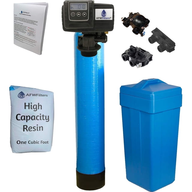 AFWFilters 1 Cubic Foot 32k Whole Home Water Softener with High Capacity Resin, 3/4" Plastic MNPT Connection, and Blue Tanks